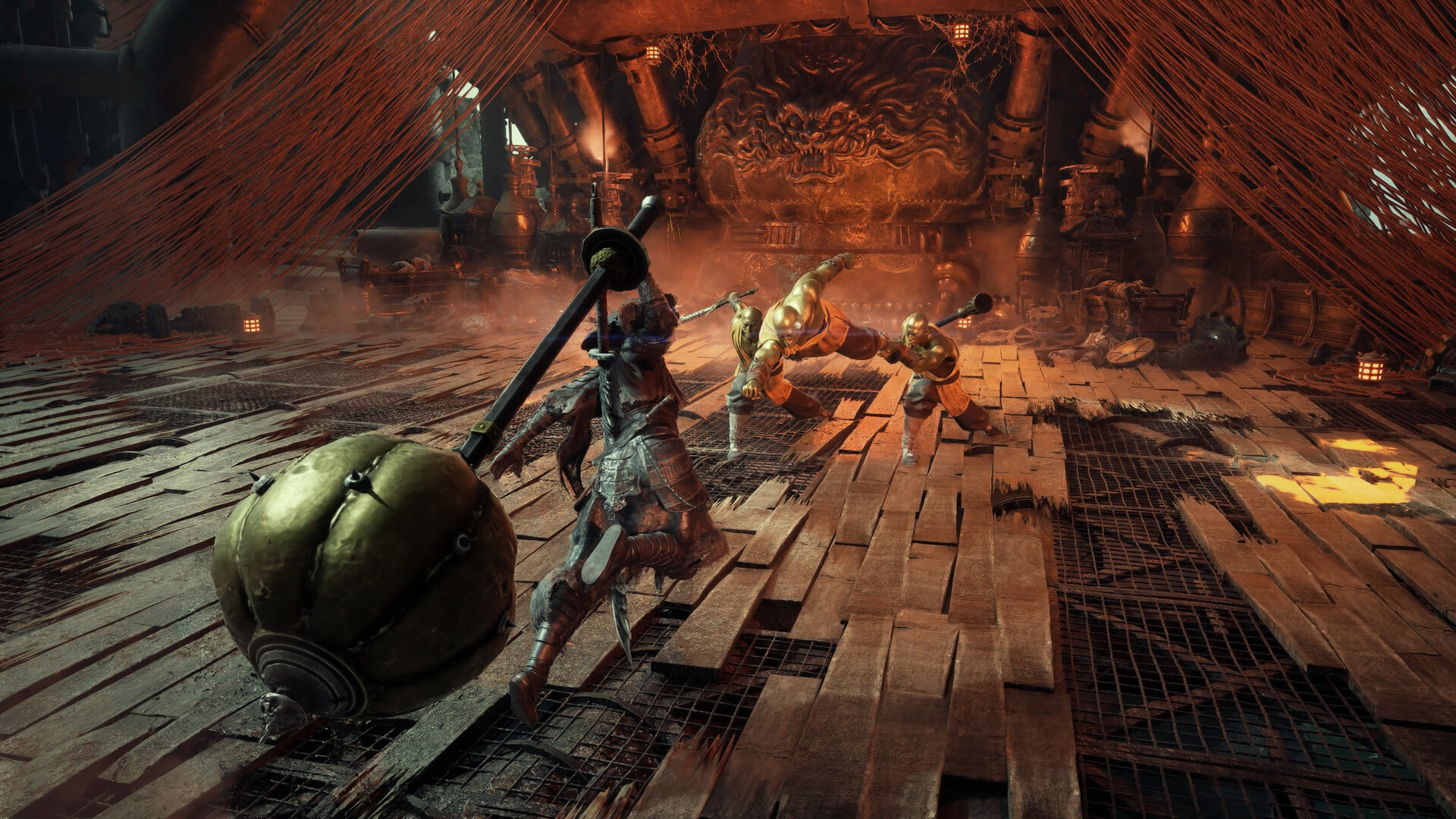 Скриншот Phantom Blade Zero из Steam: интерьер с трубами, цепями и боем на флаиле